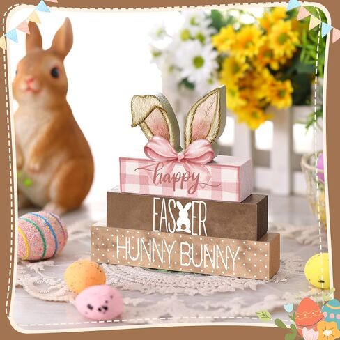 4 Pcs Easter Bunny Wooden Decor Coquette Pink Easter Table Decor Tiered Tray Bunny Decorations Indoor Table Sign for Farmhouse Centerpiece Vintage Rustic Spring Gift in Kuwait