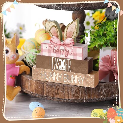4 Pcs Easter Bunny Wooden Decor Coquette Pink Easter Table Decor Tiered Tray Bunny Decorations Indoor Table Sign for Farmhouse Centerpiece Vintage Rustic Spring Gift in Kuwait
