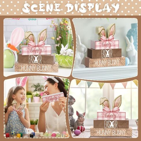 4 Pcs Easter Bunny Wooden Decor Coquette Pink Easter Table Decor Tiered Tray Bunny Decorations Indoor Table Sign for Farmhouse Centerpiece Vintage Rustic Spring Gift in Kuwait