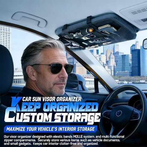 منظم حاجب الشمس للسيارة من مولي، ملحقات السيارة مع حقيبة تخزين بسحاب ومشبك نظارات وأشرطة قابلة للتعديل، لوحة مولي شبه صلبة للتروس التكتيكية، تناسب معظم المركبات وسيارات الدفع الرباعي (أسود) in Kuwait