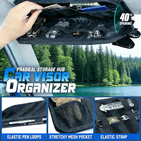 منظم حاجب الشمس للسيارة من مولي، ملحقات السيارة مع حقيبة تخزين بسحاب ومشبك نظارات وأشرطة قابلة للتعديل، لوحة مولي شبه صلبة للتروس التكتيكية، تناسب معظم المركبات وسيارات الدفع الرباعي (أسود) in Kuwait