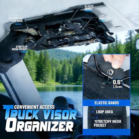 منظم حاجب الشمس للسيارة من مولي، ملحقات السيارة مع حقيبة تخزين بسحاب ومشبك نظارات وأشرطة قابلة للتعديل، لوحة مولي شبه صلبة للتروس التكتيكية، تناسب معظم المركبات وسيارات الدفع الرباعي (أسود) in Kuwait