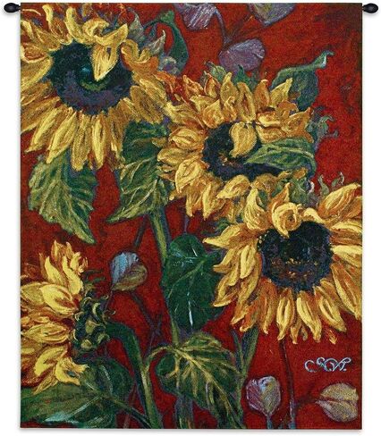 عباد الشمس على الأحمر 2 | لوحة فنية جدارية منسوجة معلقة | انفجار الأزهار من الألوان النارية | 100% قطن مقاس أمريكي 53x40 in Kuwait