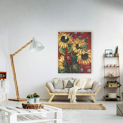 عباد الشمس على الأحمر 2 | لوحة فنية جدارية منسوجة معلقة | انفجار الأزهار من الألوان النارية | 100% قطن مقاس أمريكي 53x40 in Kuwait