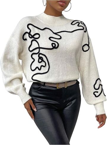 Milumia Women's Graphic Mock Neck Sweater Long Lantern Sleeve Drop Shoulder Casual Pullover Tops in Saudi Arabia