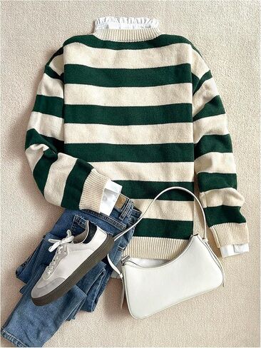 WDIRARA Women's Striped Cozy Sweaters Preppy Long Sleeve Crew Neck Pullover Knit Tops in Saudi Arabia