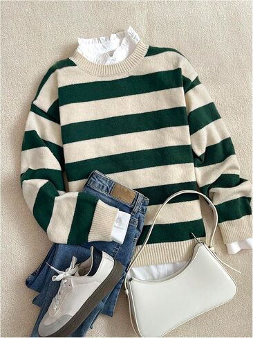 WDIRARA Women's Striped Cozy Sweaters Preppy Long Sleeve Crew Neck Pullover Knit Tops in Saudi Arabia