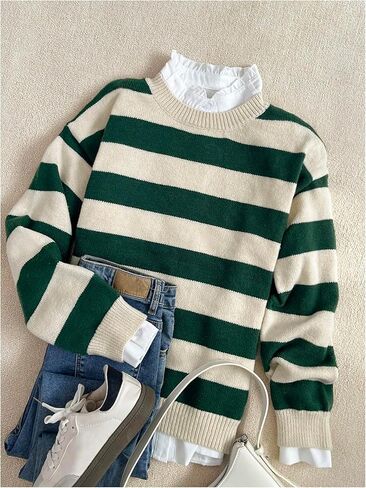 WDIRARA Women's Striped Cozy Sweaters Preppy Long Sleeve Crew Neck Pullover Knit Tops in Saudi Arabia
