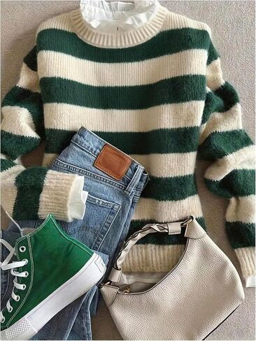 WDIRARA Women's Striped Cozy Sweaters Preppy Long Sleeve Crew Neck Pullover Knit Tops in Saudi Arabia