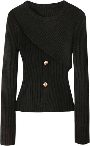 SOLY HUX Women's Long Sleeve Asymmetrical Sweater Crew Neck Button Trendy Pullover Knit Tops in Saudi Arabia
