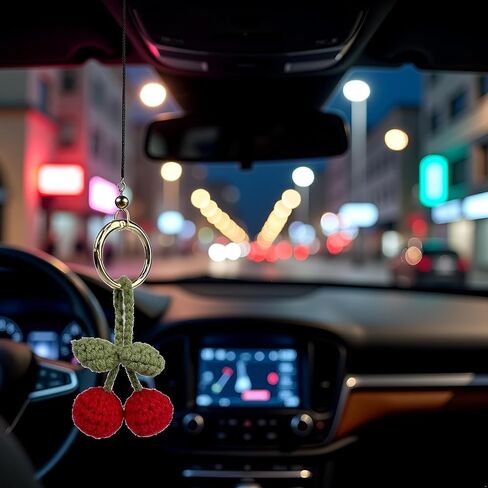 Red Handmade Cherry Decor Car Rearview Mirror Hanging Accessories Cherry Keychain Refintural Novelty Interior(ZS572) in Saudi Arabia