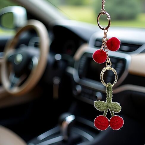 Red Handmade Cherry Decor Car Rearview Mirror Hanging Accessories Cherry Keychain Refintural Novelty Interior(ZS572) in Saudi Arabia