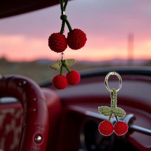 Red Handmade Cherry Decor Car Rearview Mirror Hanging Accessories Cherry Keychain Refintural Novelty Interior(ZS572) in Saudi Arabia