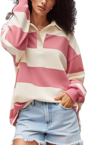Rugby Polo Shirts for Women Long Sleeve Vintage Striped Oversized Sweatshirts Y2k Classic Stripes Pullover Tops in Kuwait