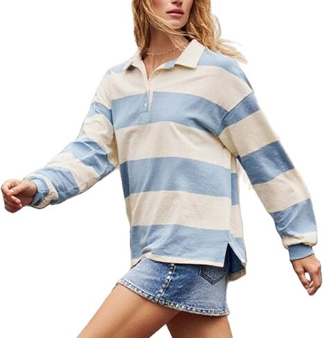 Rugby Polo Shirts for Women Long Sleeve Vintage Striped Oversized Sweatshirts Y2k Classic Stripes Pullover Tops in Saudi Arabia