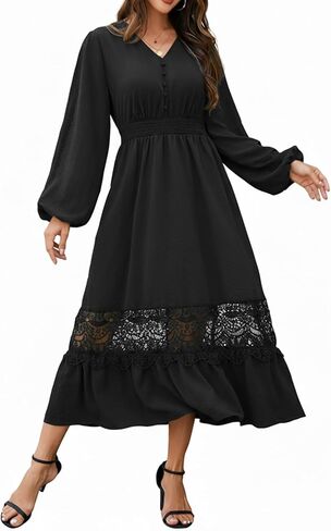 Women's Long Sleeve Boho Maxi Dress 2026 V Neck Smocked Elegant Long Dresses with Pockets for Wedding Guest Vacation in Kuwait