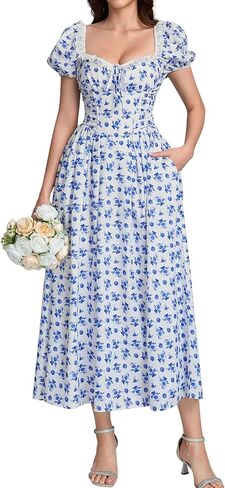EYNMIN Floral Corset Midi Summer Wedding Guest Dresses for Women Lace Up Puff Sleeve Flowy A Line Milkmaid Dress with Pocket in Kuwait