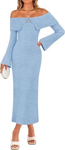 ZESICA Women's Spring Off Shoulder Sweater Dress 2026 Bell Long Sleeve Ribbed Knit Bodycon Formal Maxi Dresses in Saudi Arabia