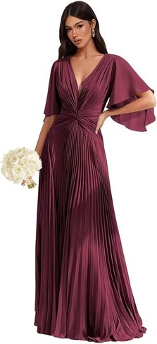 V Neck Bridesmaid Dresses for Women Short Sleeve Chiffon Pleated A Line Formal Evening Dress in Kuwait