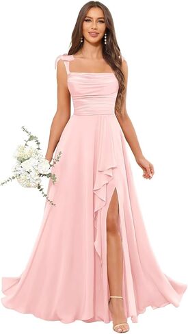 POMUYOO Spaghetti Straps Chiffon Bridesmaid Dresses for Women Long Pleated Formal Evening Prom Party Gown in Kuwait