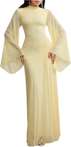 فستان طويل نسائي من Milumia برقبة وهمية وأكمام طويلة على شكل جرس، فساتين أنيقة مكشكشة لحفلات الزفاف in Kuwait