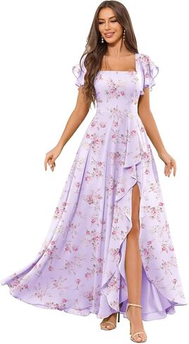Chiffon Bridesmaid Dresses for Women Ruffle Corset Long Square Neck Formal Evening Dress with Sleeves Slit in Saudi Arabia