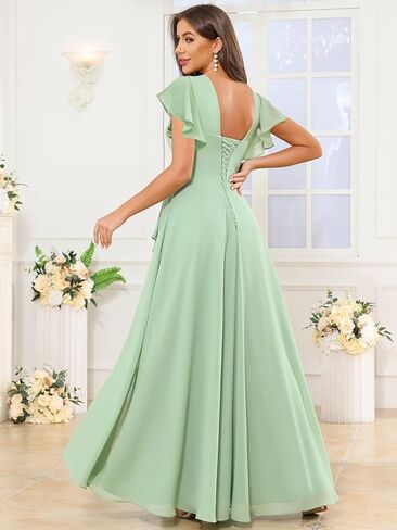 Chiffon Bridesmaid Dresses for Women Ruffle Corset Long Square Neck Formal Evening Dress with Sleeves Slit in Saudi Arabia