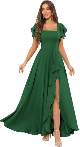 Chiffon Bridesmaid Dresses for Women Ruffle Corset Long Square Neck Formal Evening Dress with Sleeves Slit in Saudi Arabia