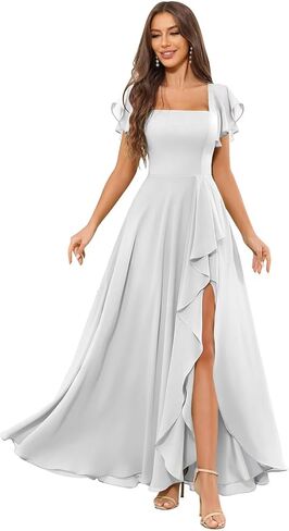 Chiffon Bridesmaid Dresses for Women Ruffle Corset Long Square Neck Formal Evening Dress with Sleeves Slit in Saudi Arabia