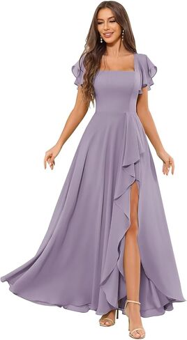 Chiffon Bridesmaid Dresses for Women Ruffle Corset Long Square Neck Formal Evening Dress with Sleeves Slit in Saudi Arabia