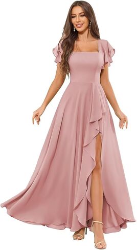 Chiffon Bridesmaid Dresses for Women Ruffle Corset Long Square Neck Formal Evening Dress with Sleeves Slit in Saudi Arabia