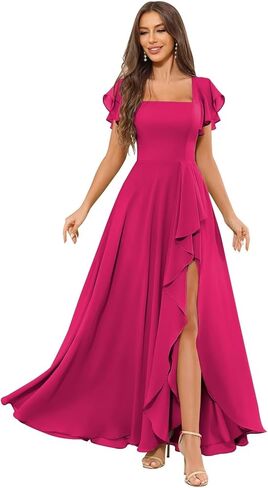 Chiffon Bridesmaid Dresses for Women Ruffle Corset Long Square Neck Formal Evening Dress with Sleeves Slit in Saudi Arabia