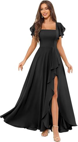 Chiffon Bridesmaid Dresses for Women Ruffle Corset Long Square Neck Formal Evening Dress with Sleeves Slit in Saudi Arabia