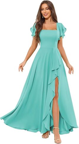 Chiffon Bridesmaid Dresses for Women Ruffle Corset Long Square Neck Formal Evening Dress with Sleeves Slit in Saudi Arabia