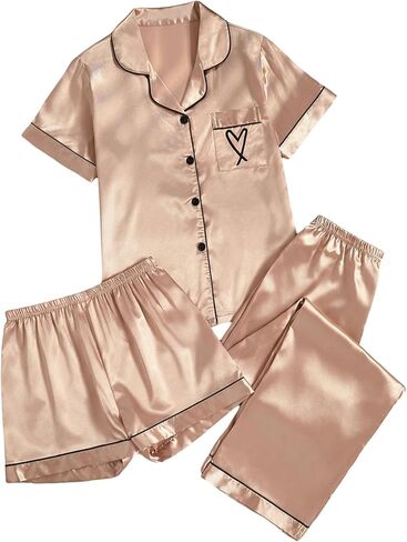 Women's 3 Piece Satin Pajama Set Summer Button Down Short Sleeve Shirt and Shorts with Pants Sleepwear in Saudi Arabia