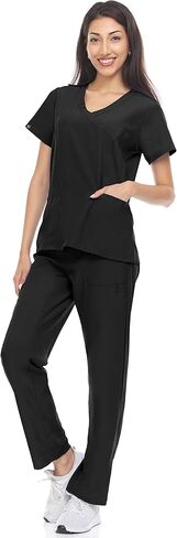 Hey Collection Scrubs Set 4-Way Stretch Mock Neck Princess Seam Medical Scrub Top and Flare Leg Pants with Four Pockets in Saudi Arabia