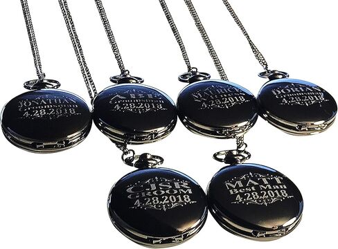 6 Personalized Pocket Watches, Set of 6 Groomsmen Wedding Unique Gifts, Chain, Box and Engraving Included, Comes in 4 Colors in Saudi Arabia