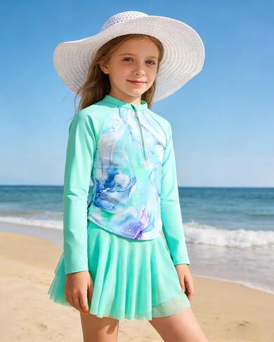 ملابس سباحة للفتيات من Rash Guard بأكمام طويلة مع تنورة سباحة شورت قطعتين ملابس سباحة للحماية من الشمس لمدة 3-12 سنة in Kuwait