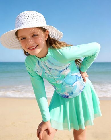 ملابس سباحة للفتيات من Rash Guard بأكمام طويلة مع تنورة سباحة شورت قطعتين ملابس سباحة للحماية من الشمس لمدة 3-12 سنة in Kuwait
