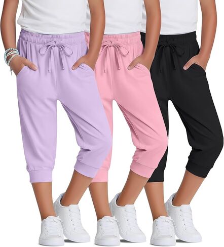 3 Pack Girls Capri Joggers Casual Teen Drawstring Cropped Sweatpants Summer Kids Lightweight 3/4 Pants with Pocket in Kuwait