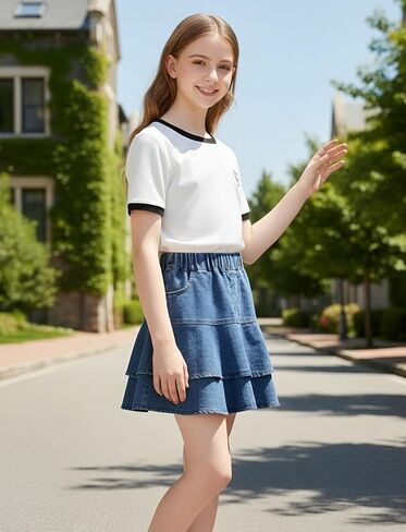 Happy Cherry Girl's Pleated Denim Skirts Elastic Waist School Uniform Jean Skorts with Shorts in Saudi Arabia