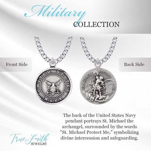True Faith Jewelry Sterling Silver United States Navy Service Medal with St Michael Patron Saint Archangel Pendant Necklace, 3/4 Inch in Kuwait