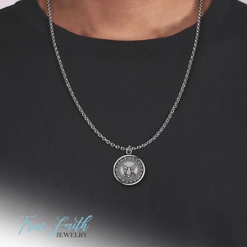 True Faith Jewelry Sterling Silver United States Navy Service Medal with St Michael Patron Saint Archangel Pendant Necklace, 3/4 Inch in Kuwait