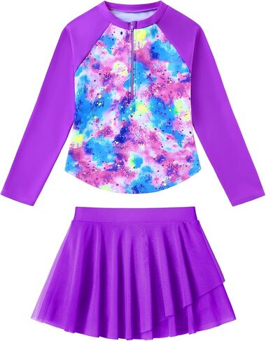 Girls Rash Guard Swimsuit Long Sleeve Bathing Suits with Swim Skirt Shorts Two Piece Sun Protection Swimwear for 3-12 Years in Kuwait