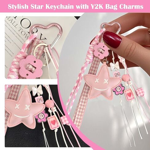 Stylish Star Keychain with Y2K Bag Charms, Beaded Braided Rope, Leather Car Keys Purse Pendants Gifts in Saudi Arabia