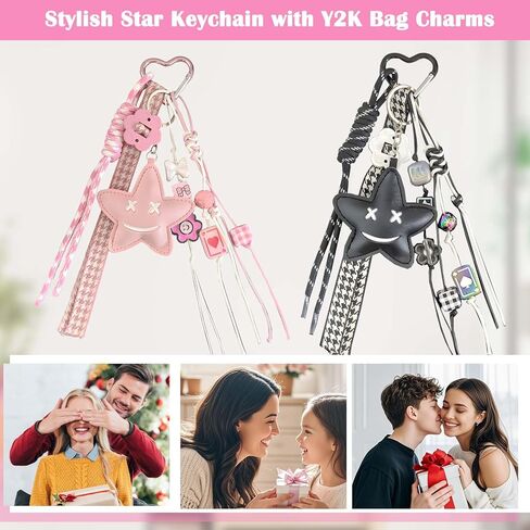 Stylish Star Keychain with Y2K Bag Charms, Beaded Braided Rope, Leather Car Keys Purse Pendants Gifts in Saudi Arabia