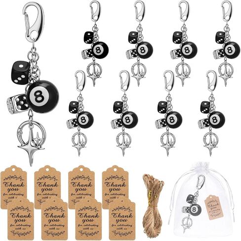 8 Pcs 8 Ball Keychains Bulk Dice Billiards Keychains Lucky Silver Star Charm for Women Men with Thank You Cards Aesthetic Eight Ball Keyrings Gift for Bag Purse Handbag Backpack Accessories in Saudi Arabia