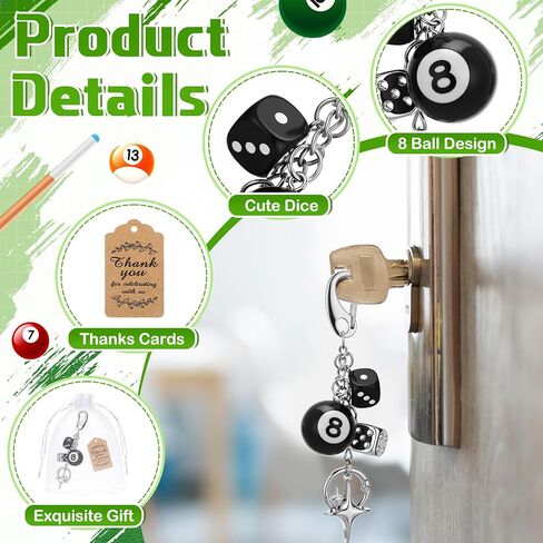 8 Pcs 8 Ball Keychains Bulk Dice Billiards Keychains Lucky Silver Star Charm for Women Men with Thank You Cards Aesthetic Eight Ball Keyrings Gift for Bag Purse Handbag Backpack Accessories in Saudi Arabia