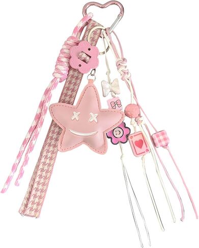Stylish Star Keychain with Y2K Bag Charms, Beaded Braided Rope, Leather Car Keys Purse Pendants Gifts in Kuwait