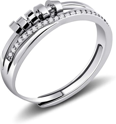 Adjustable Zircon Ring for Women - Sterling Silver Open Statement Ring with Rotating Cylinders, Stackable Fashion Jewelry in Kuwait